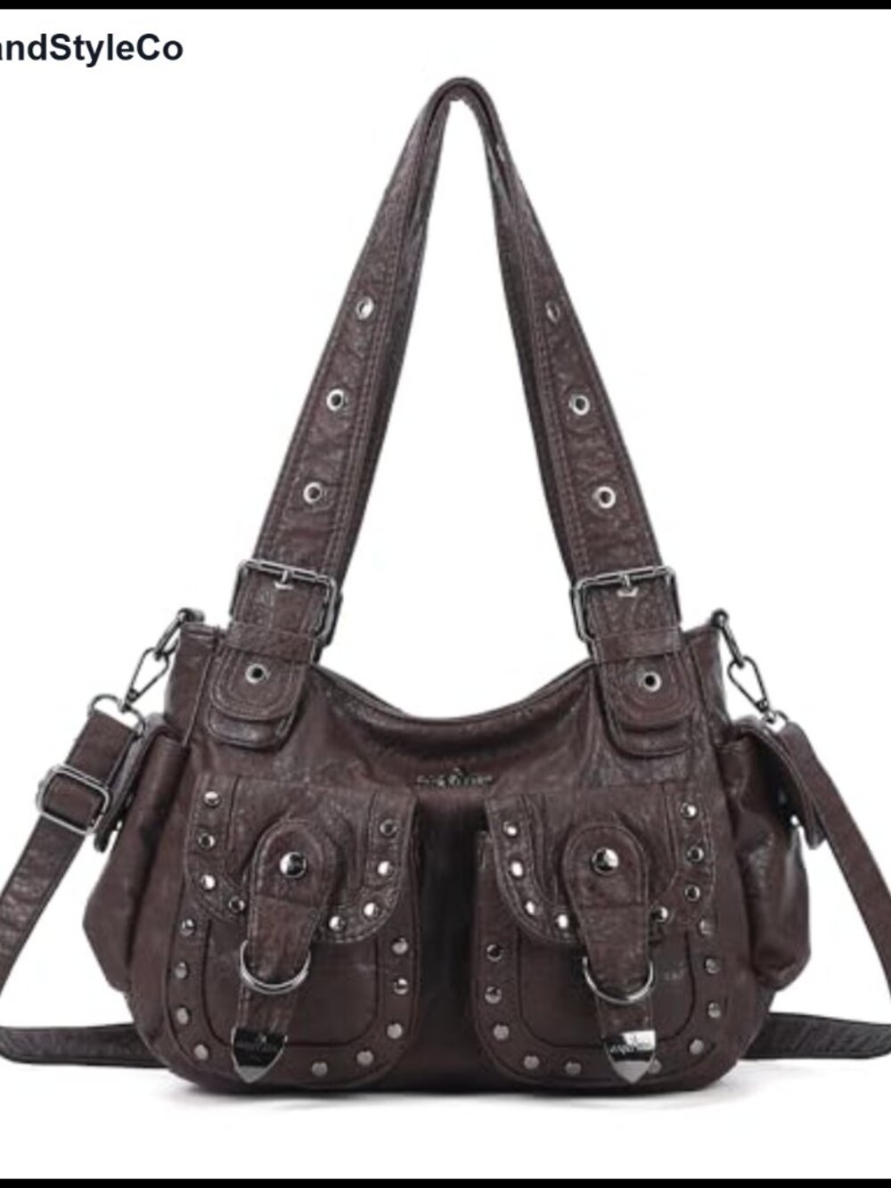 Vegan Leather Hobo Bag Multi Pocket Studded Shoulder Y2K Tote